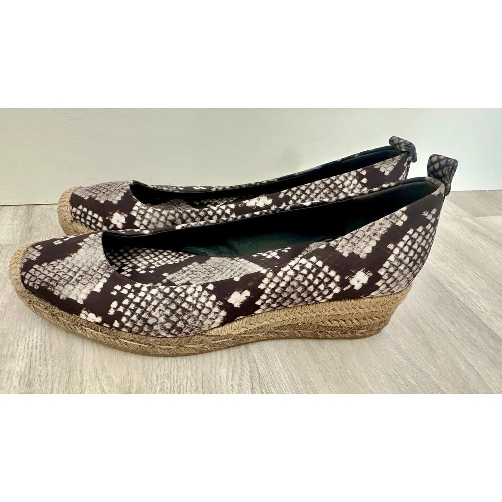 Tory Burch Womens 8.5 Heather Snake Print Wedge Espadrille Black Grey